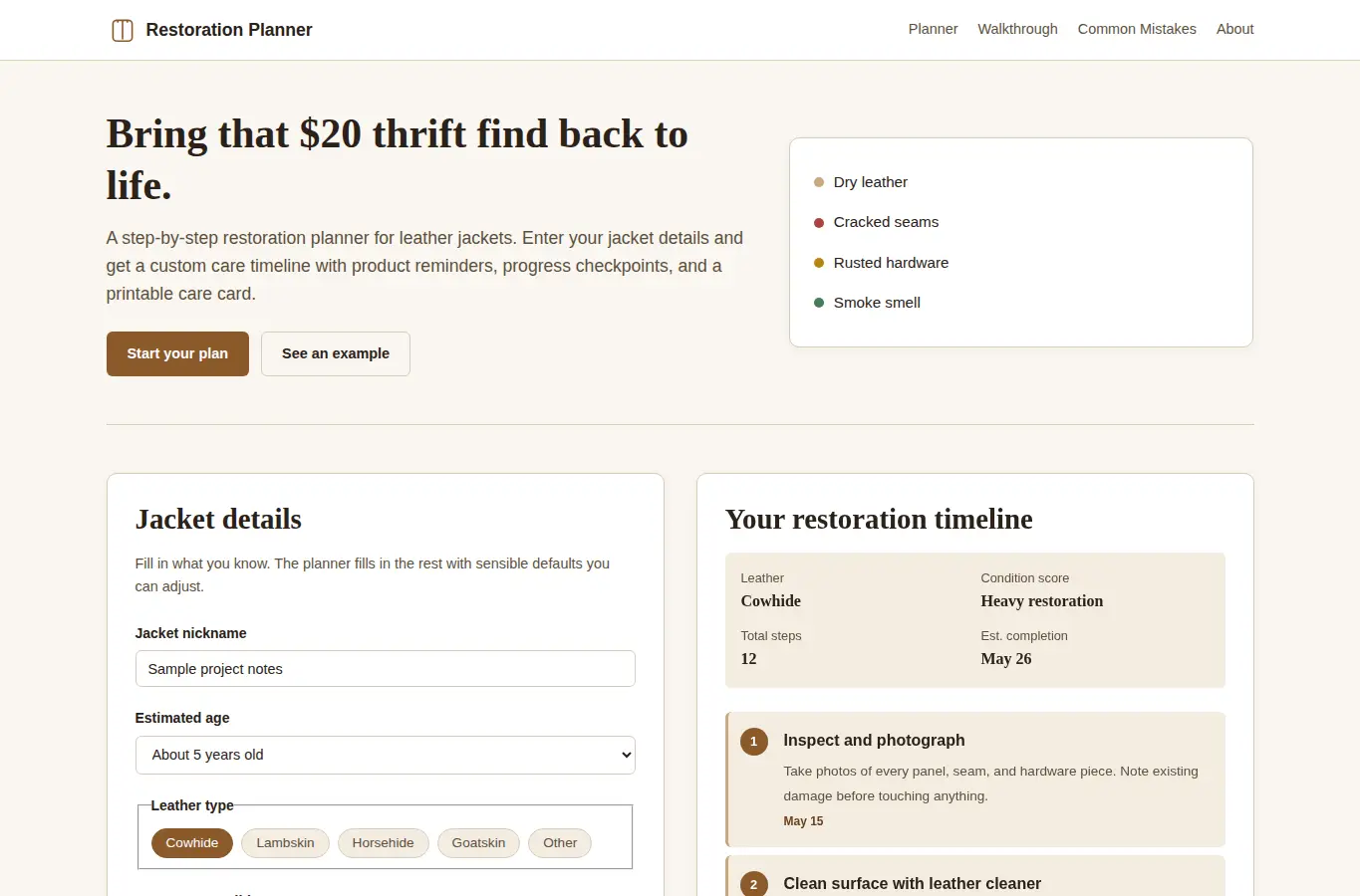 Screenshot of Thrifted Leather Jacket Restoration Planner interface showing the project page in use